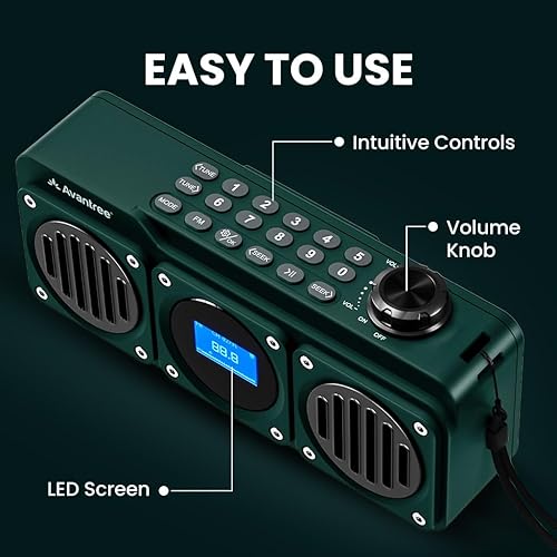 Miniatura 7 de Avantree Boombyte - Radio FM portátil y altavoz Bluetooth con excelente sonido estéreo, acabado de metal, tiempo de reproducción recargable largo y