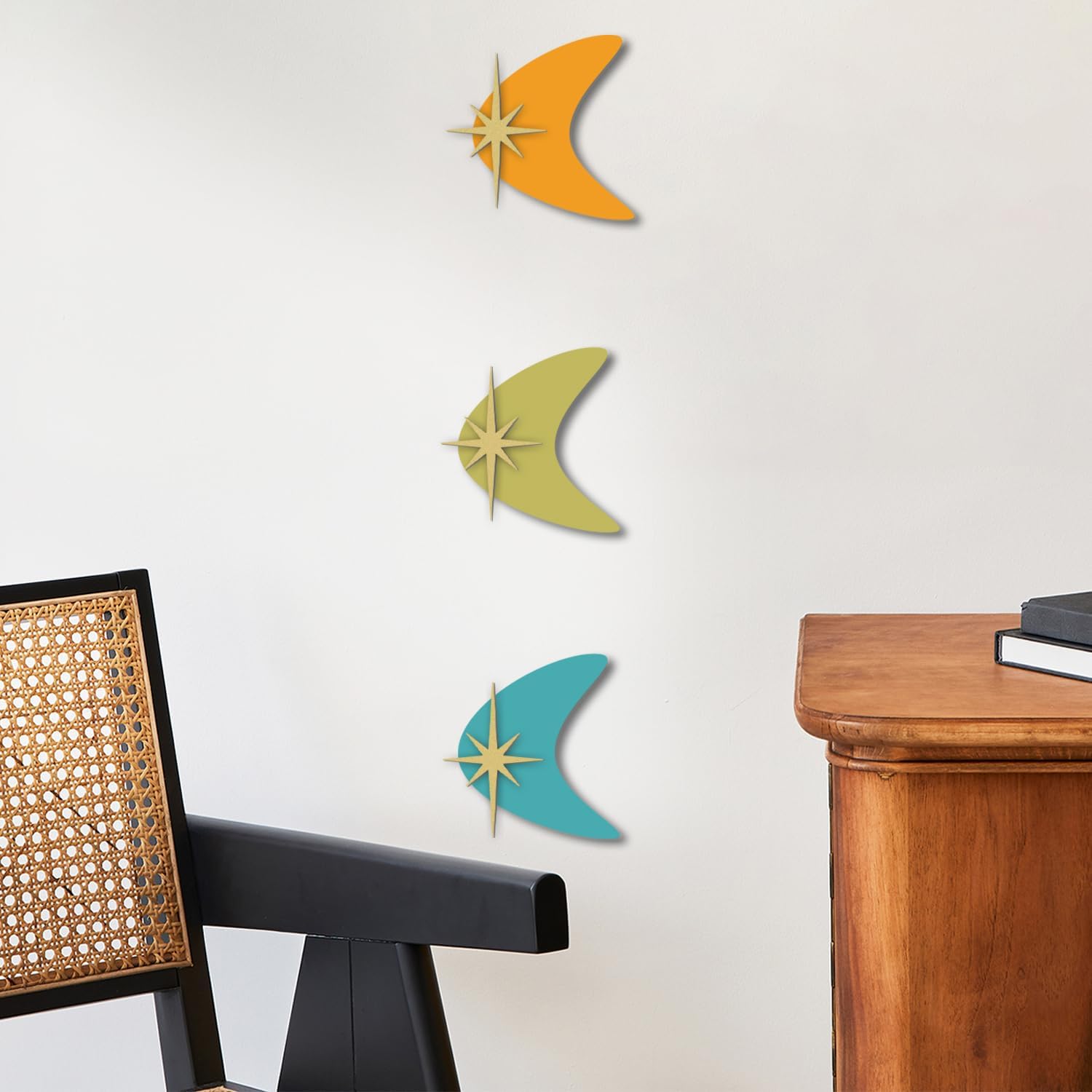 LiveInUrban Starburst Mid Century Modern Wall Decor, Atomic Boomerang Colorful 3PCS 10.43"x37.4"