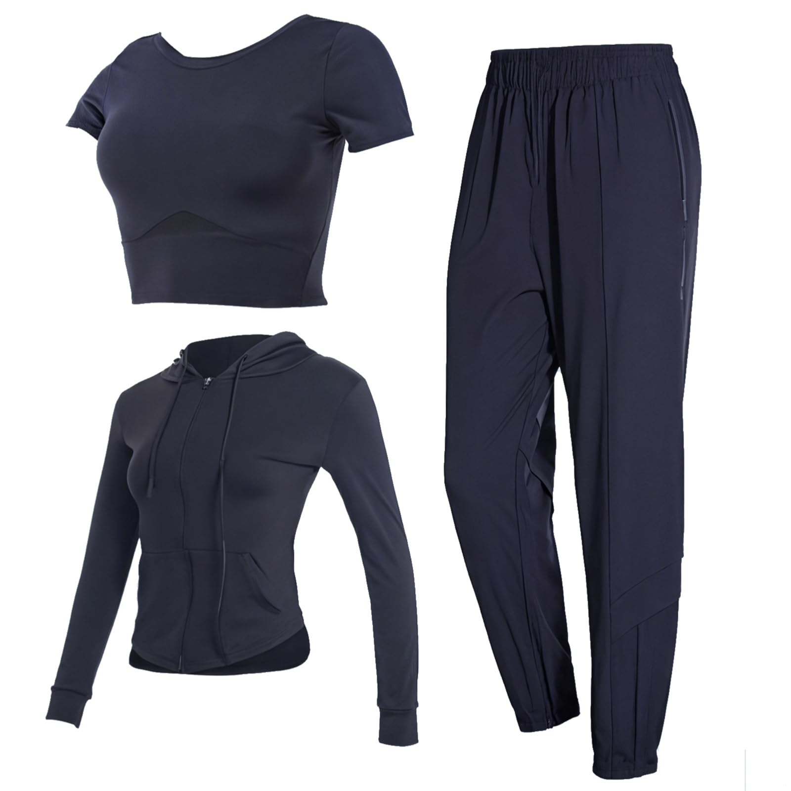 Damski zestaw odzieży fitness XXL - bluza z kapturem, koszulka i spodnie ze stretchu, nylon spandex, pasuje do wzrostu 176-298 cm, waga ciała 176-298, Czarny, XXL