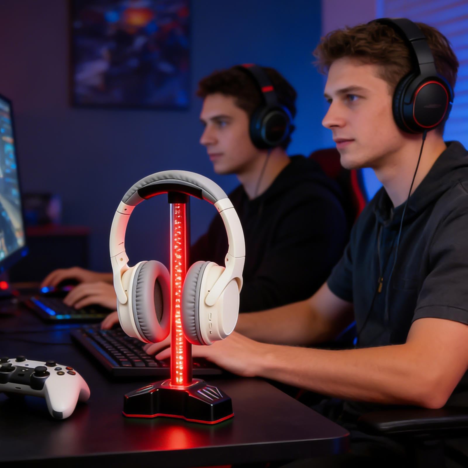 Supporto per Cuffie con Porte di Ricarica per PC con Illuminazione RGB | Porta Cuffie dotato di Caricabatterie per Desktop, Scrivania, Piano di Lavoro, Scaffale, Ufficio, Camera da