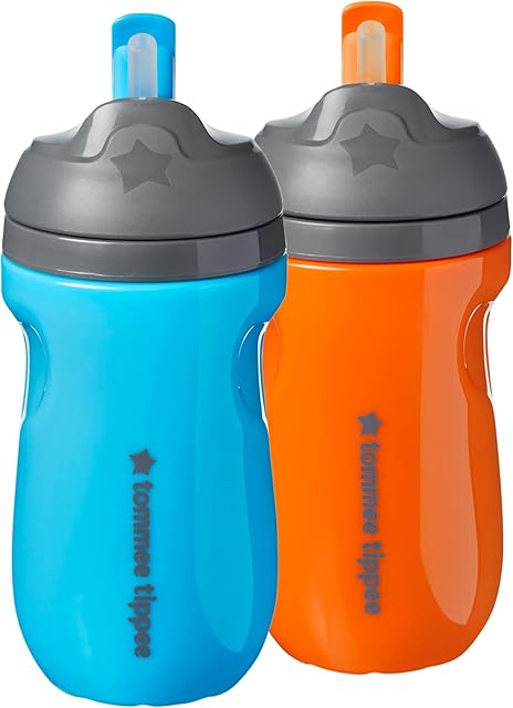 Tommee Tippee Insulated Straw Cup for Toddlers, Spill-Proof, 260ml, 12m+, Pack of 2, Blue and Orange