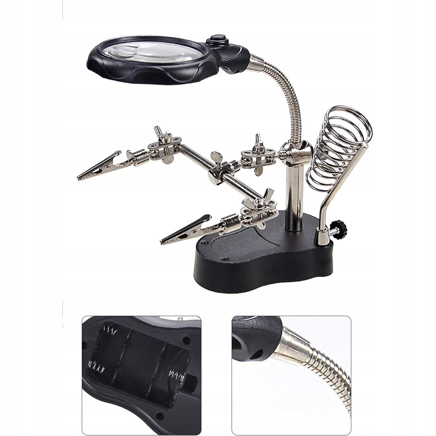 Troisième Main avec Loupe TE-801 – Grossissement 3,5x/12x, LED x2 | Base 10x6cm, Hauteur 26cm | Support Fer à Souder | Pour Soudure, Électronique | Accessoire Atelier