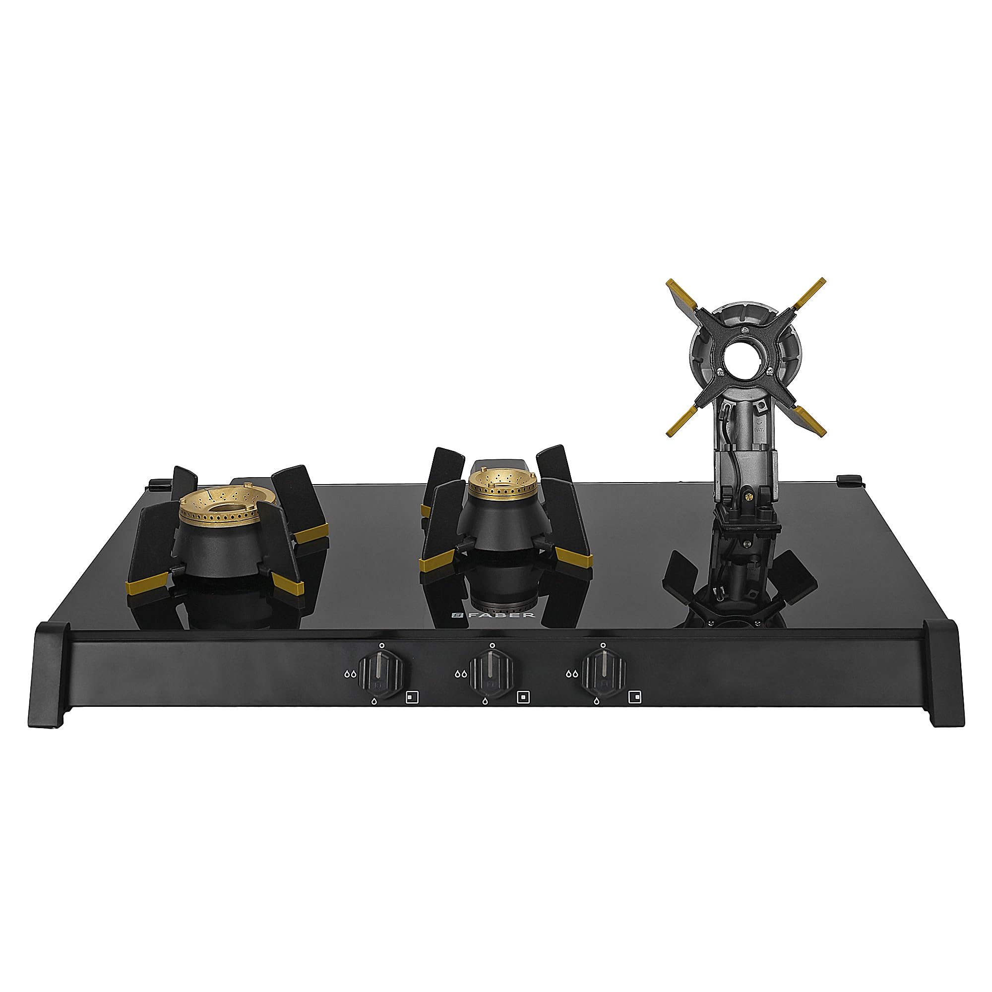 Faber Liftable Burners Freestanding Cooktop|Genius 753 Ai Bk|75Cm Width|Brass Burners|Manual Ignition|Abs Knobs|Pan Support|2 Yrs Comprehensive,5 Yrs Valve & Burners,7 Yrs On Glass,Black