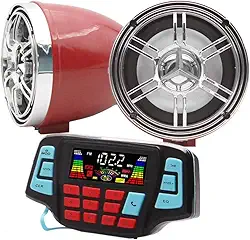 Alto-falante sem fio Bluetooth à prova de intempéries para motocicleta de 7,6 cm MP3 Player de música, sistema de amplificador de áudio estéreo ATV UTV USB 2.0, micro SD, rádio FM (vermelho e prata)