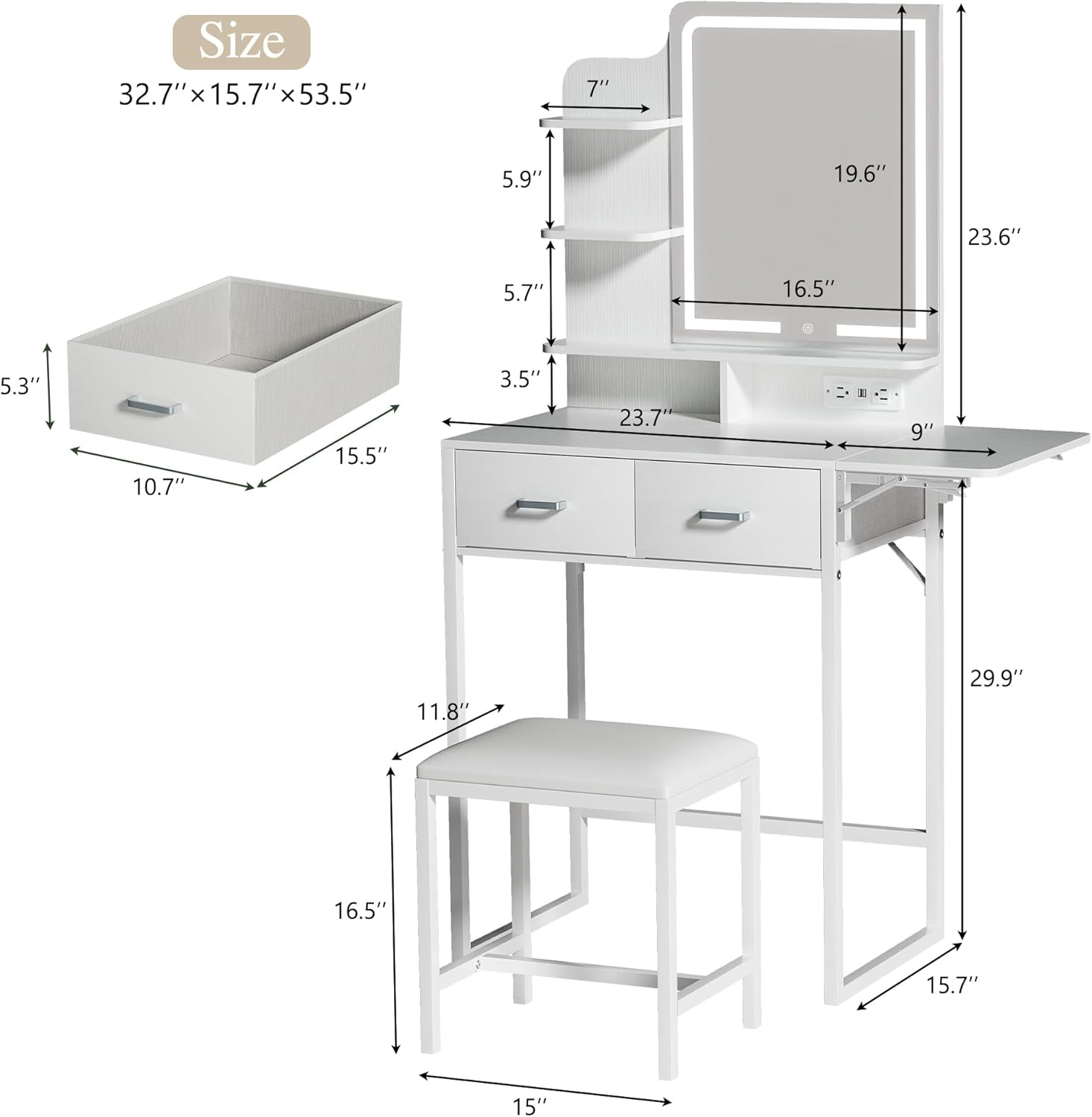 Small Vanity Desk with Mirror and Lights, Makeup Vanity with Fabric Storage Drawer, Chair and Three Shelves, White Vanity with Power Outlet and Fold-up Panel, Bedroom