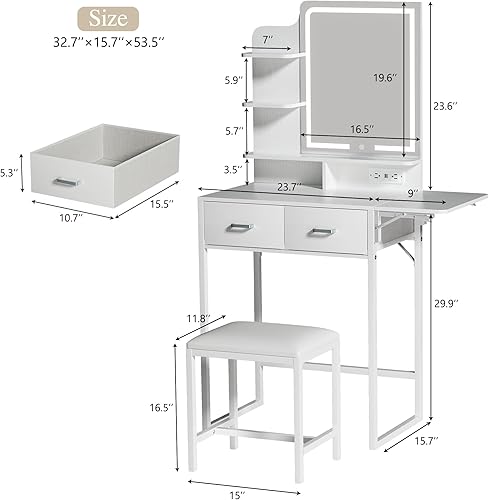Miniatura 8 de Pequeño escritorio de tocador con espejo y luces, tocador de maquillaje con cajón de almacenamiento de tela, silla y tres estantes, tocador blanco