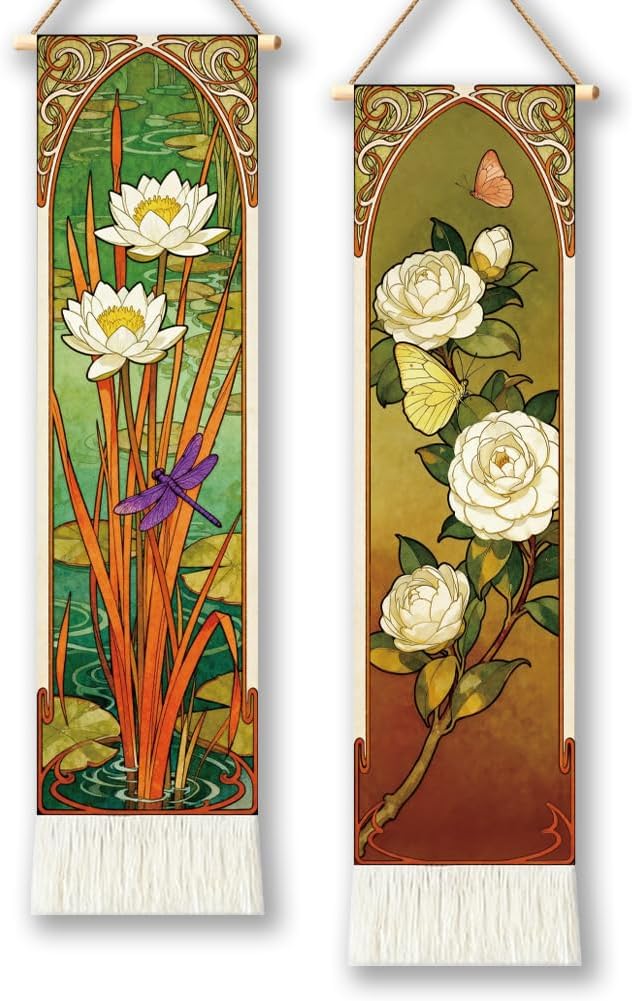 TNKBREEZE 2Pcs Mucha Style Wall Tapestry with Tassels Home Decor for Bedroom Living Sitting Dorm Studio Room Apartment Decor 51.2x13 In