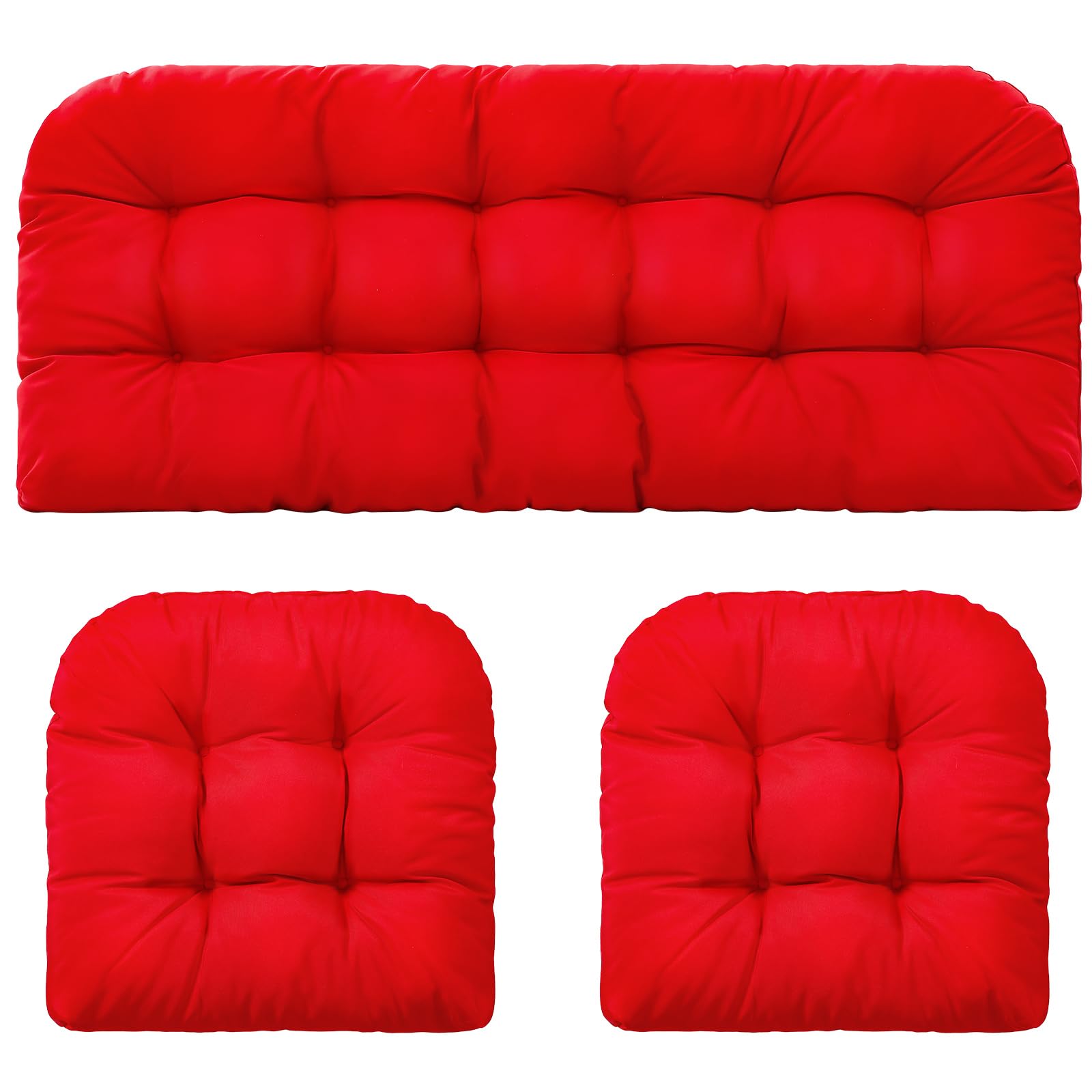 Barydat 3 Pack Wicker Furniture Cushions Waterproof Outdoor/Indoor Tufted Wicker Chair Cushions 1 Loveseat and 2 U-Shape Rattan Chairs for Patio Furniture, Rattan Love Seat, Bench(Red)