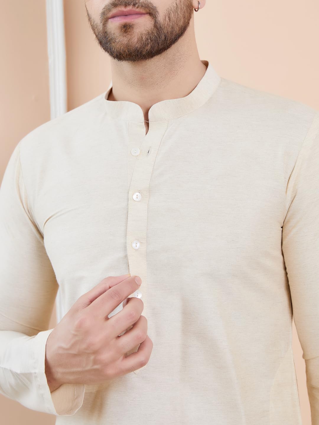 See Designs Full Sleeve Side Slit Cream Cotton Solid Straight Mandarin Collar Kurta With Pyjama - Sdkt241301Xxl