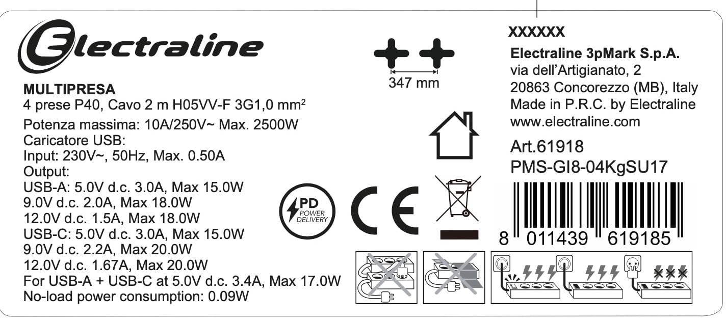 Electraline 61918 Multipresa Scrivania 4 Posti Polivalenti, Schuko + 10/16 A, con 3 USB (2 USB A 3.0A + 1 USB C 20W Power Delivery), Cavo H05VV-F 3G.1 lunghezza 2M, protezione contro sovratensioni