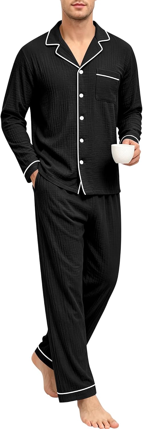 SWOMOG Mens 100% Cotton Pajama Set Pjs Long Sleeve Sleepwear with Pockets