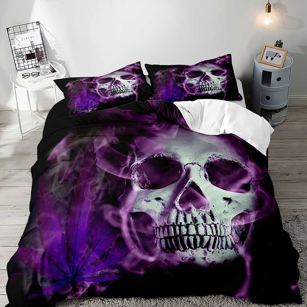 LUVIVIHOME 2PCS Skull Duvet Cover, Twin Bedding Sets, Purple Skull Bedding, Skeleton Bedding Comforter Bedspread Quilt Cover, Horror Cool Room Decor for Teen Boys Men Boyfriend Husband, 1 Pillow Sham