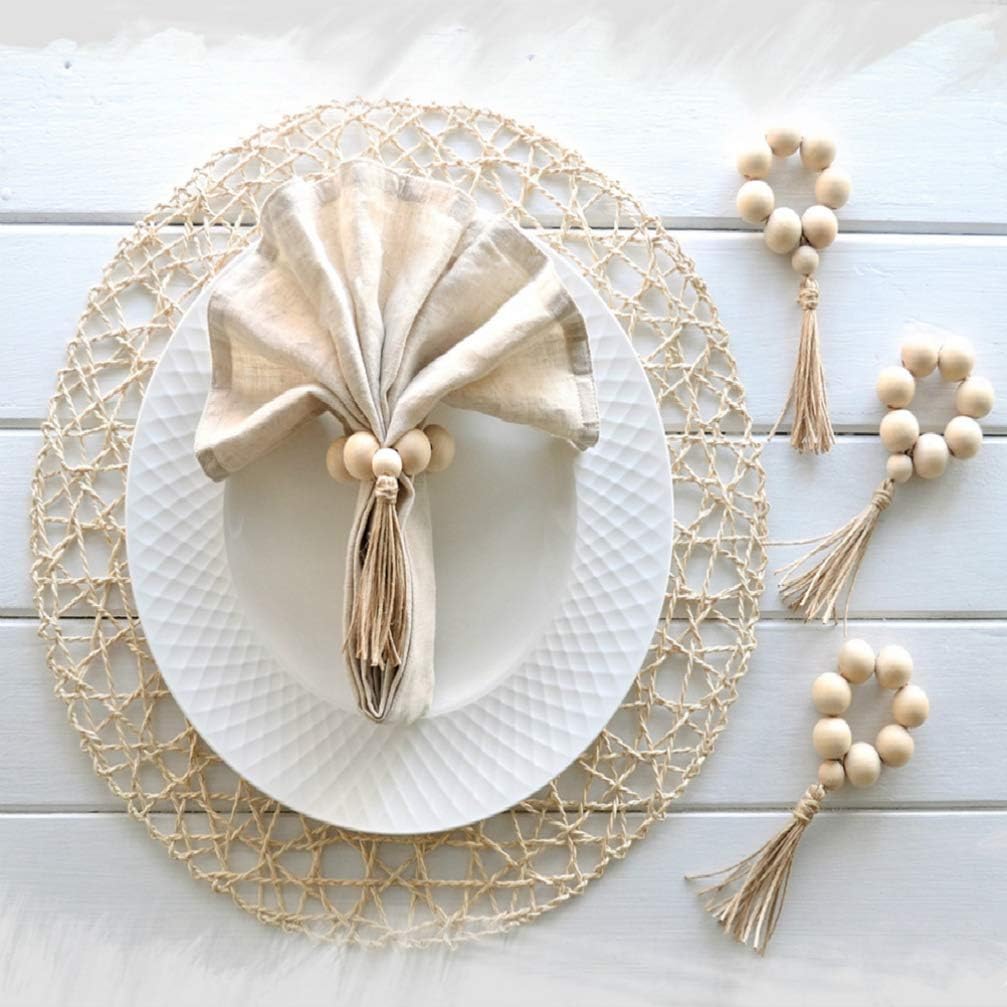 EXCEART 4pcs Tassel Beaded Napkin Ring Wooden Napkin Buckle Natural Wood Beaded Napkin Buckle Handmade Wooden Bead Napkin Rings Tassel Wood Napkin Buckle Dining Napkin Buckle for Desktop Decoration - Image 3