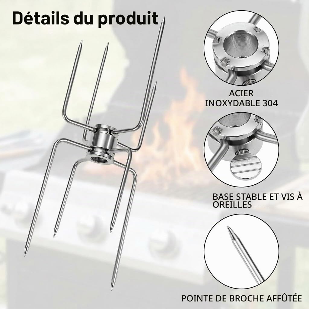 QWORK® 3 Pièces Fourchette brochette, barbecue rotissoire fourche en acier inoxydable 304 pour brochette, compatible avec hexagone 12 mm, carré 10 mm et 8 mm
