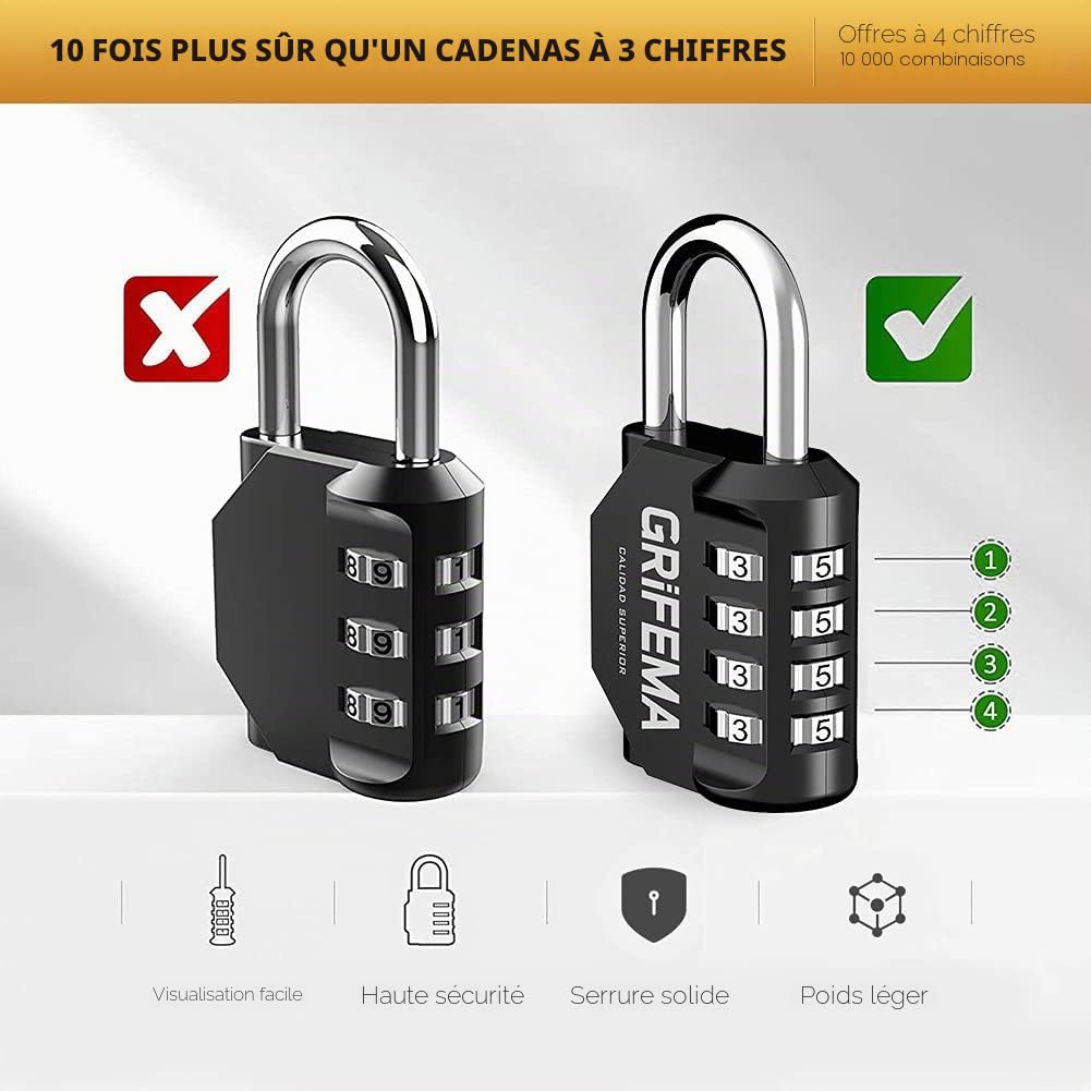 GRIFEMA GA1001-1 Cadenas Code 4 Chiffres Résistant Aux Intempéries Alliage de Zinc Noir