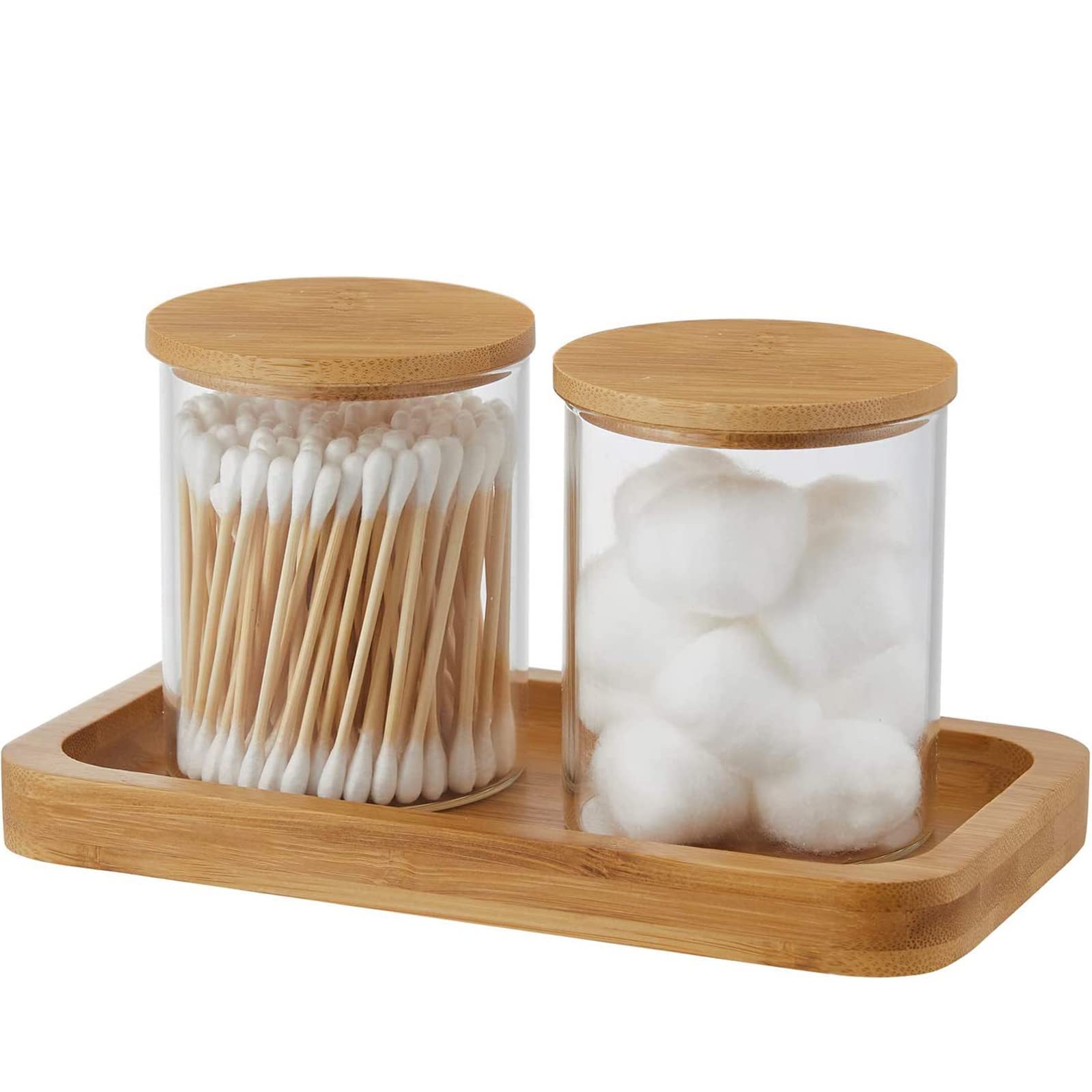 lulalula 2 Pack Cotton Bud Holder with Bamboo Tray, Glass Cotton Pad Jar with Lids and Sealing Silicone Ring, Cotton Buds Container Box Set for Bathroom Makeup Storage Pot Cotton Ball Storage