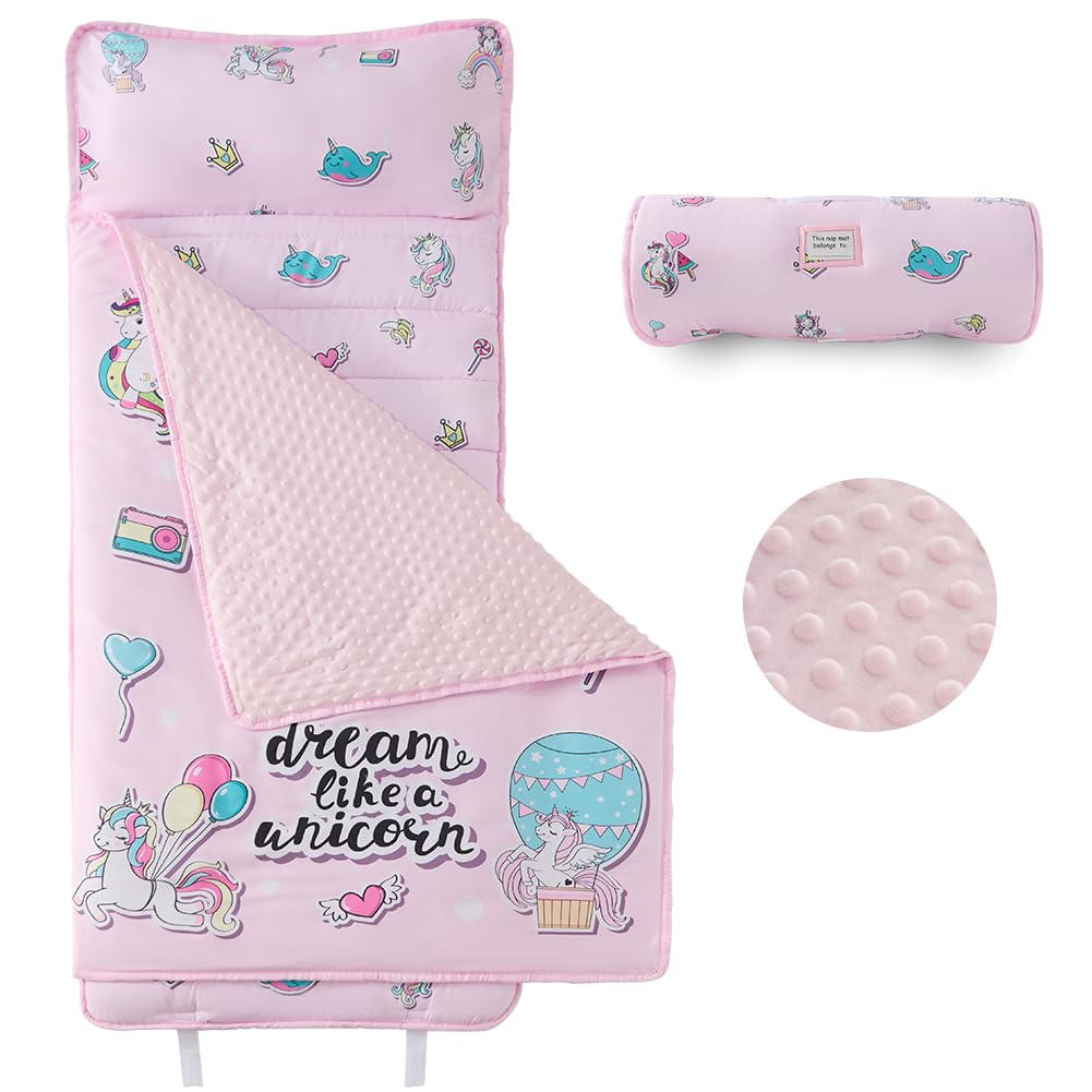 beeweed Toddler Nap Mat, Rollup Design Kid Sleeping Mat with Removable Pillow &amp; Minky Blanket, Toddler Sleeping Bag for Daycare Preschool Travel Camping