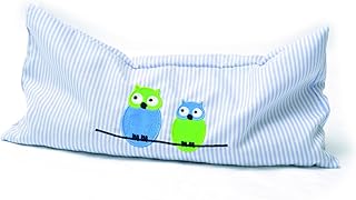 Aumüller Korbwaren LILO - Cojín para juegos para gatos (tamaño grande, 36 x 18 cm, color azul claro/blanco, bordado con búhos, 36 x 18 x 5 cm, relleno: espelta, raíz de valeriana)