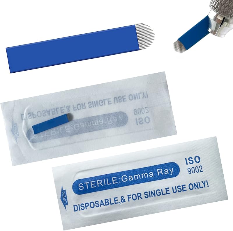 U18 30 agujas desechables para microblading con 0,20 mm de diámetro, 18 pines en forma de U, suministros de maquillaje permanente, cuchillas manuales para sombreado de cejas, pines azules de 18U