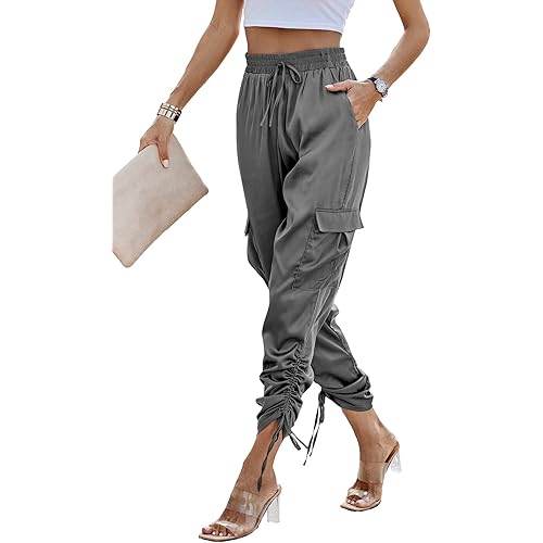 PRETTYGARDEN Women's Satin Jogger Pants Casual Dressy High Waist Long Lounge Pant Trousers Summer Outfits with Pockets