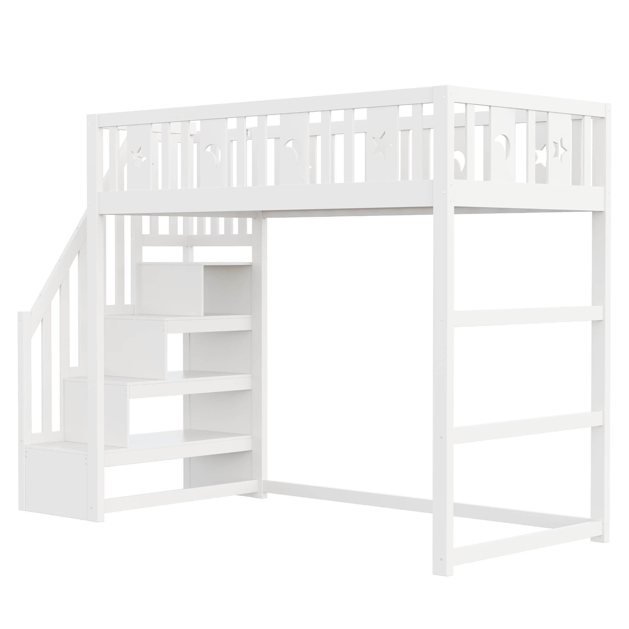 Etagenbett für Kinder mit Treppe,Hochbett aus Massivholz mit Sicherheitsgeländer, Stern- und Monddekoration (Weiß, 90 * 200)