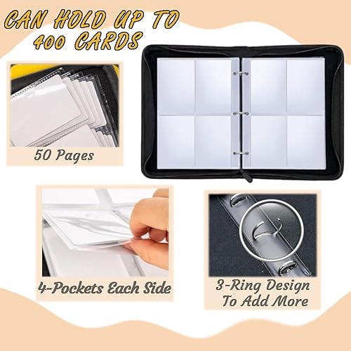 Miniatura 3 de Carpeta de tarjetas para tarjetas de 4 bolsillos, 400 bolsillos, álbum de tarjetas con 50 páginas, mangas extraíbles y cremallera, bolsillos de