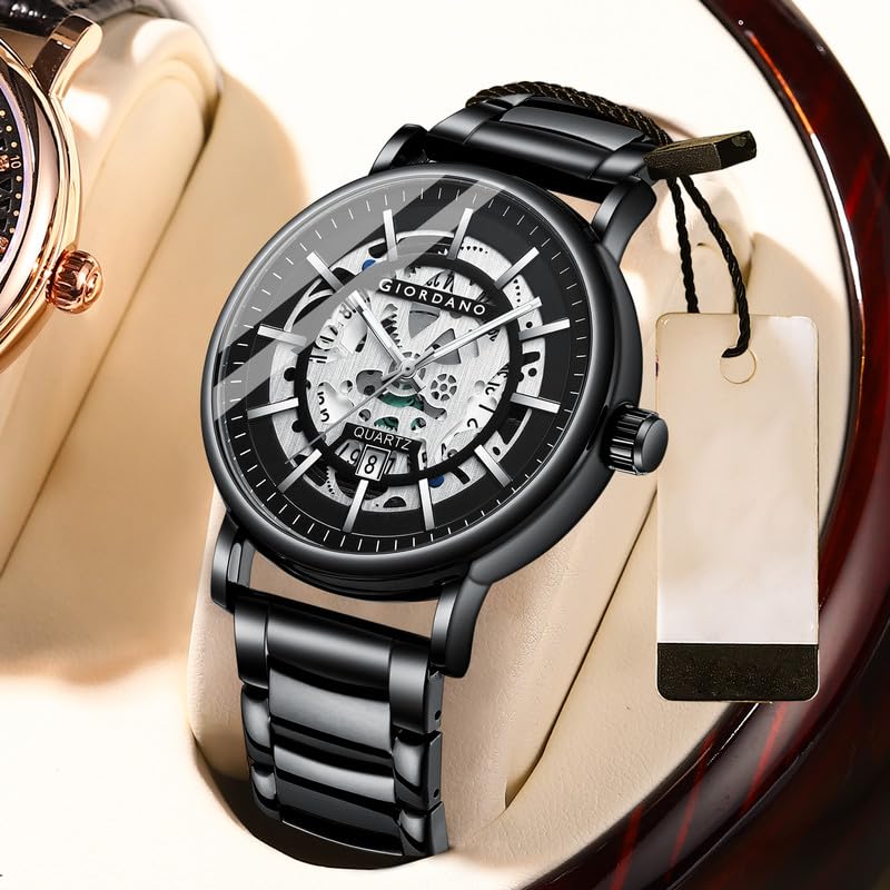 Image of Giordano Analog Quartz Watch for Men with Skeleton Round Dial, Date Function, Luminous Hands and Markers, Leather & Stainless Steel Strap - GZ-50182