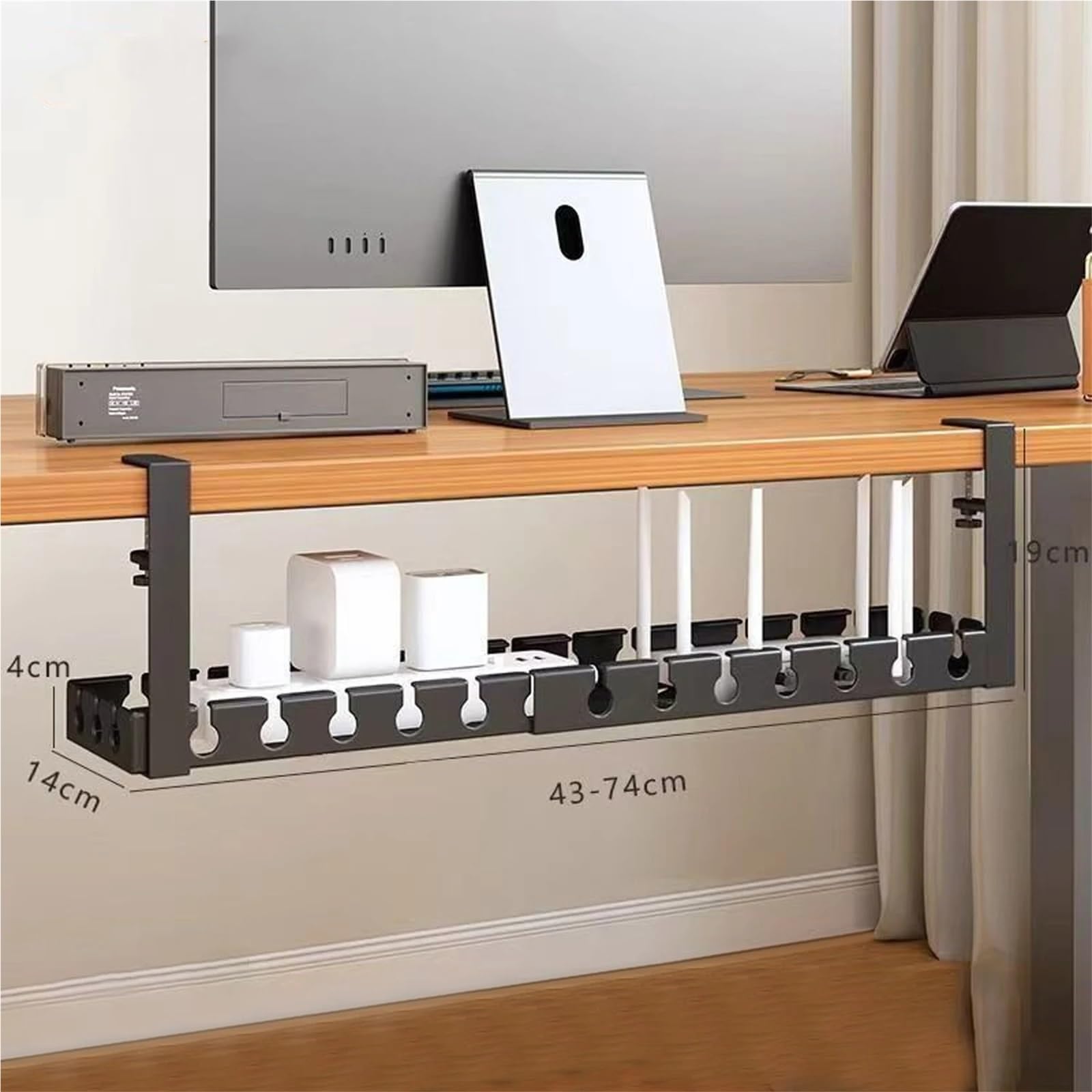 Portacavi in ​​ferro sotto la scrivania | Dimensioni multiple, senza trapano, portacavi sotto la scrivania: supporto for ciabatta e organizer for cavi(Retractable)