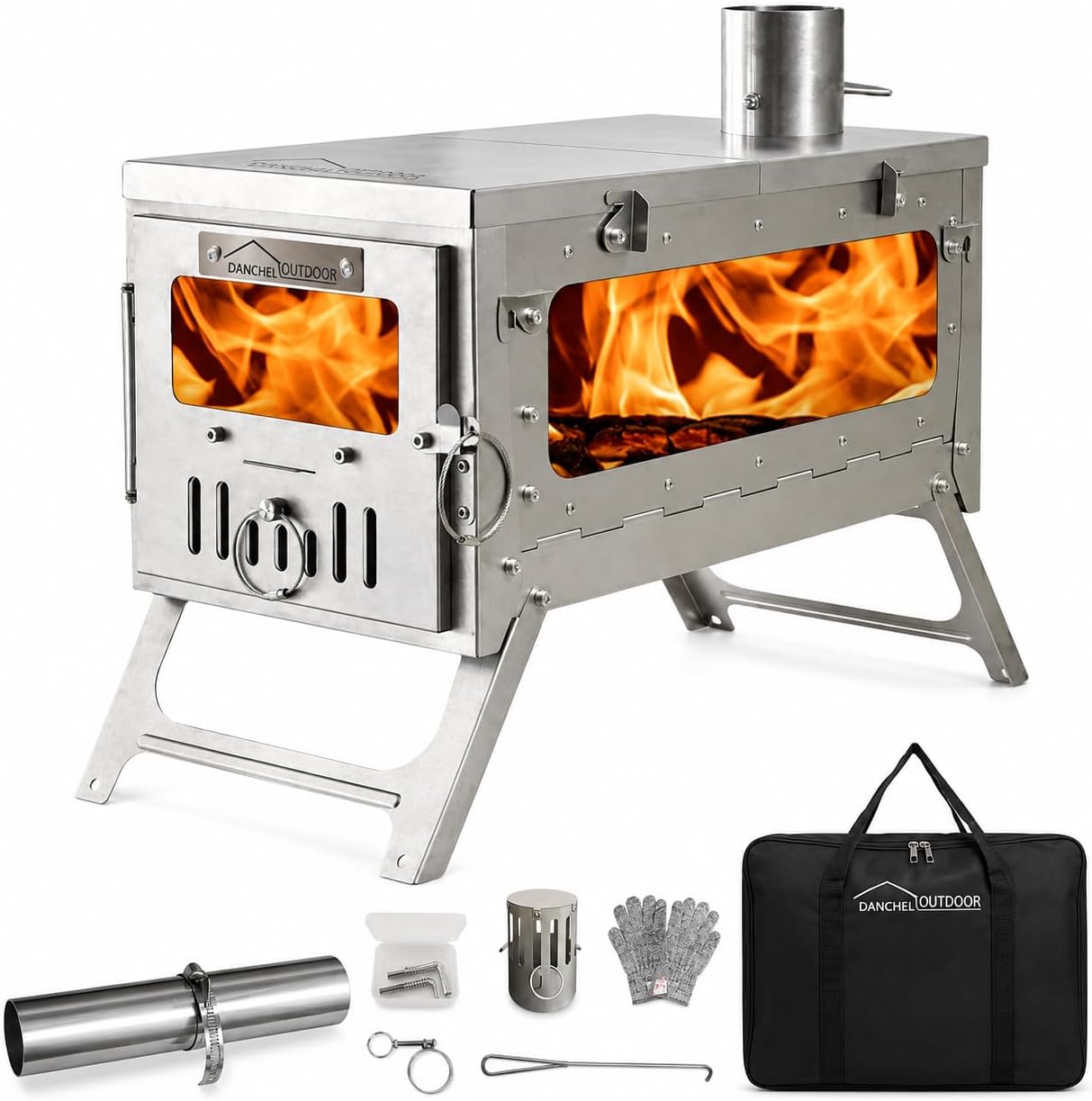 DANCHEL OUTDOOR TSG Portable TA1 Titanium Tent Wood Stove for Backpacking Camping, Collapsible Hot Tent Stove Rollable Chimney Pipe Cooking Hiking (Small/Large)