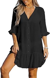 CUPSHE Women's V Neck Ruffled Cover Up Button Down Bathing Suit Beach Dress with Short Sleeves Price In India