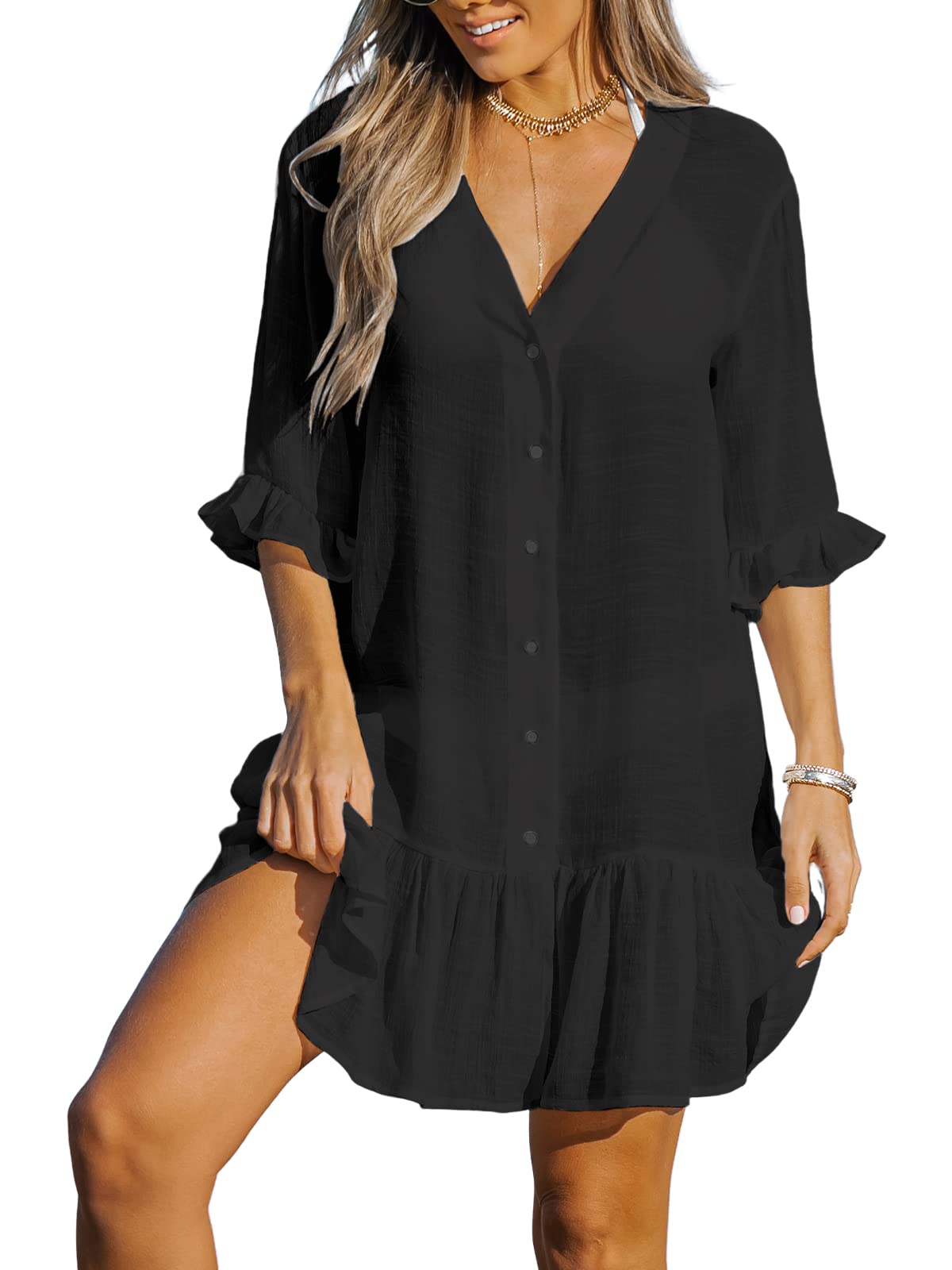 Women's V Neck Ruffled Cover Up Button Down Bathing Suit Beach Dress with Short Sleeves-image-14