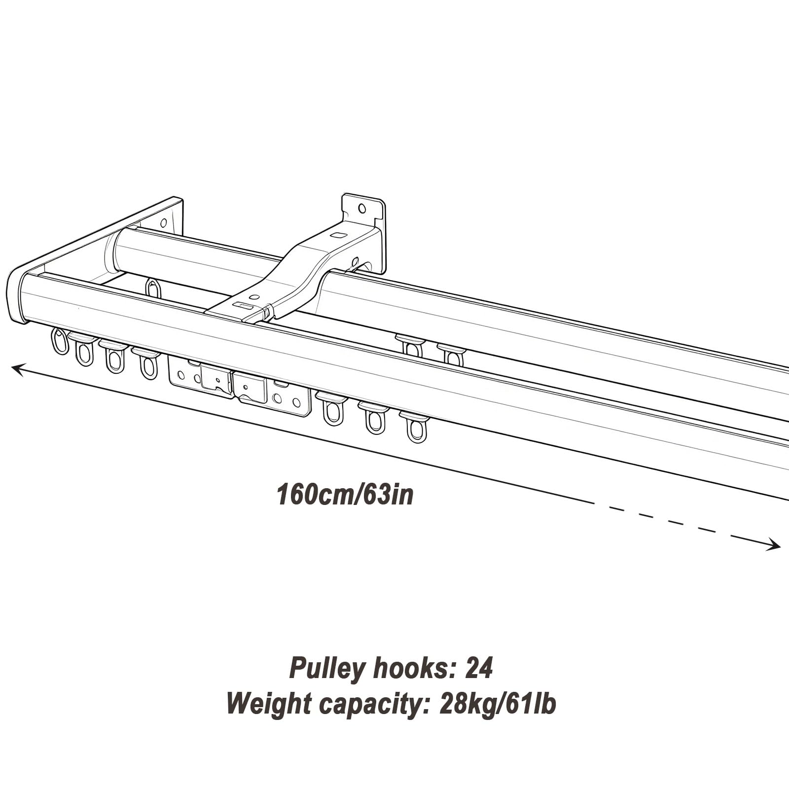Tringle a Rideaux, Double Rail, Barre de Rideau, Alliage d'Aluminium | Tringle Rideau en d'Aluminium 22x22mm, Résistantes à la Rouille, Anti Usure, Capacité de Charge 28kg(Black,160cm (63in))
