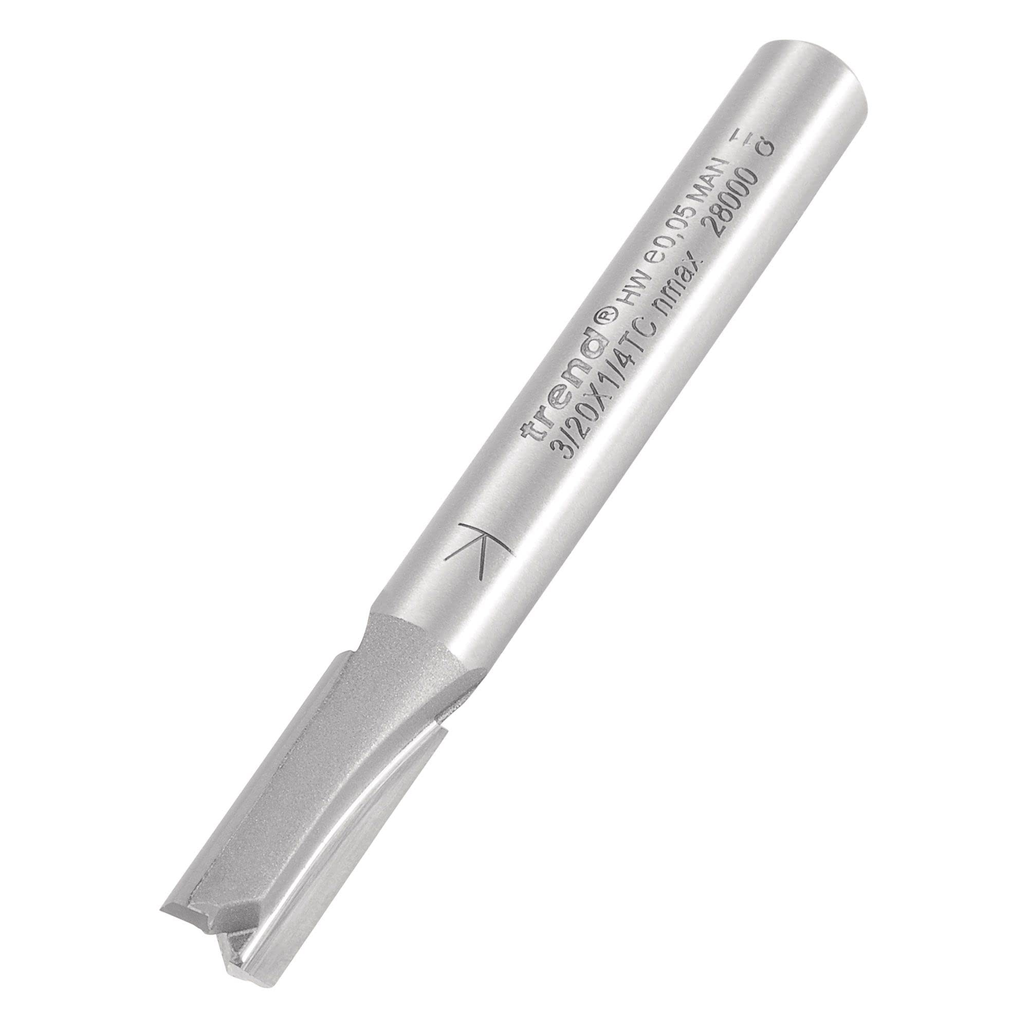 Trend Professional Straight Two Flute Router Cutter Bit, 1/4 Inch Shank, 6.3mm Cut Diameter and 16mm Cut Length, Tungsten Carbide Tipped, 3/20X1/4TC