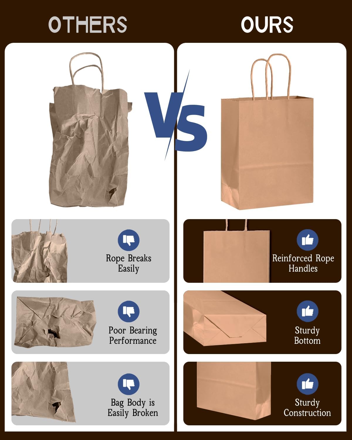 Bakepacker 200-Pack Medium Size Gift Paper Bags with Handles Bulk 10.6"x8.3"x4.3" Brown Party Kraft Shopping Bags - Image 4