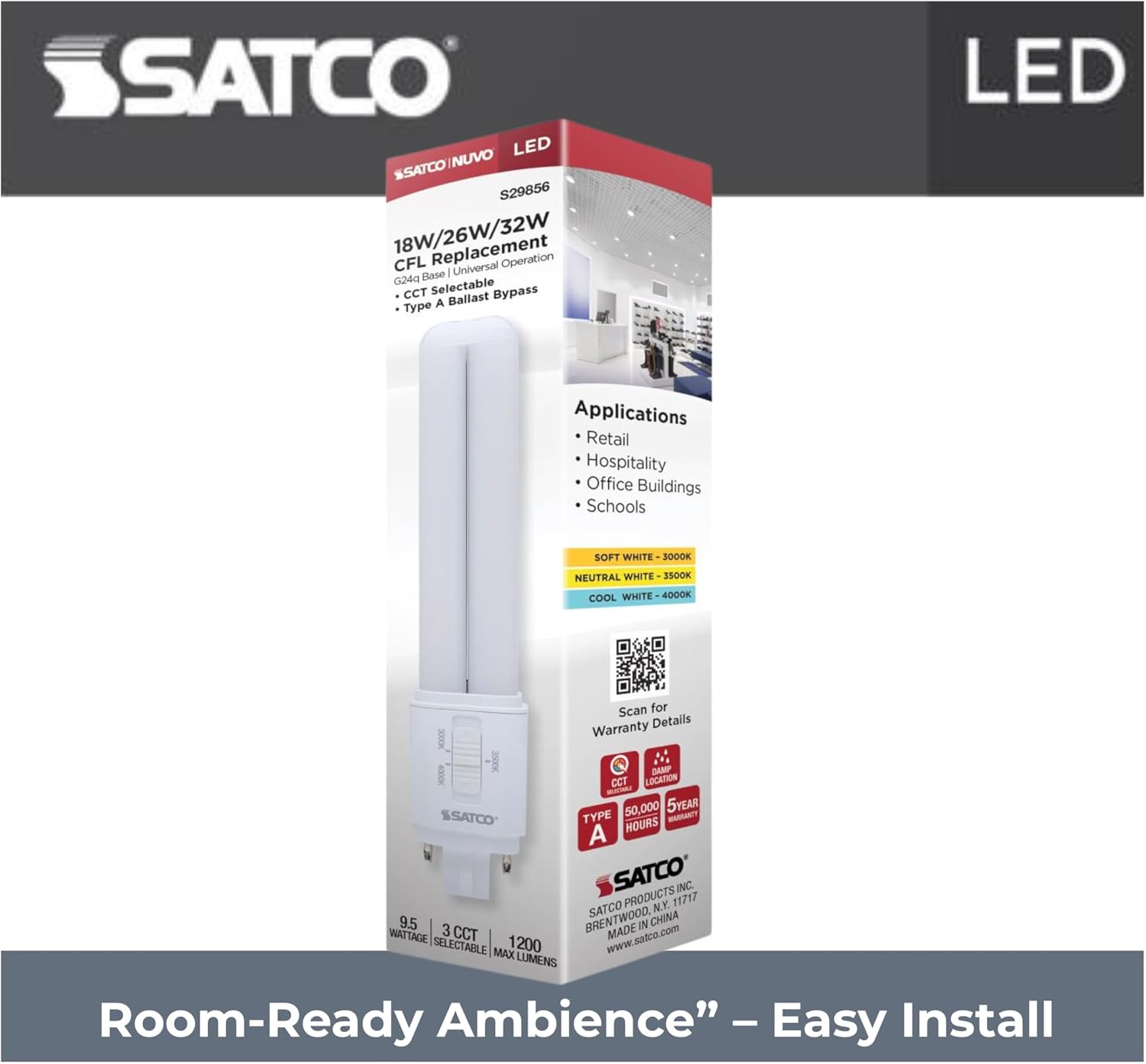 Satco LED PL Lamp 9.5W 18W/26W/32W Equivalent 3000K/3500K/4000K CCT Selectable G24q 4-Pin Base Type A Ballast Dependent Dimmable – Part S29856 (6 Pack)