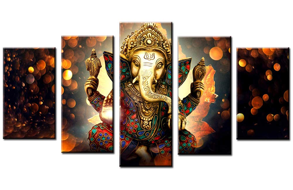 Wowdecor God B Canvas Wall Art Canvas Prints Painting 5 Panels Pieces Multiple Pictures,Hindu God Ganesha Elephant Giclee Printed On Canvas, Posters Wall Decorations Gifts (Small-Unframed)