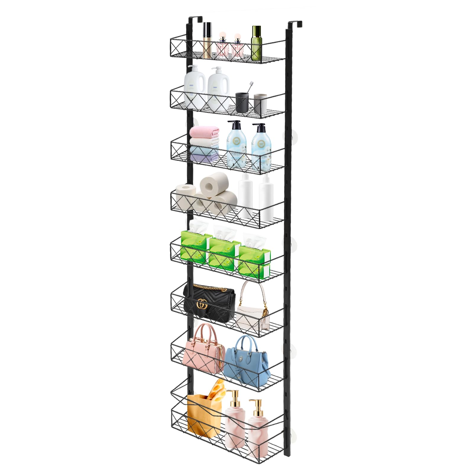HHEMSTD Over Door Storage Organiser, 8-Tier Carbon Steel Door Hanging Storage Rack with Adjustable Baskets, Black Over The Door Spice Rack for Kitchen Bathroom Bedroom Living Room Pantry