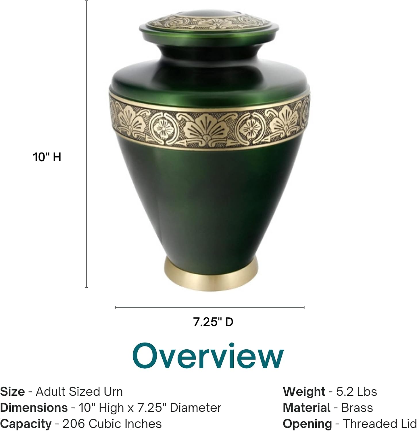 Umbria Brass Cremation Urn for Ashes, Brass, Green Urn, Adult Sized Cremation Urn, 10 Inches High