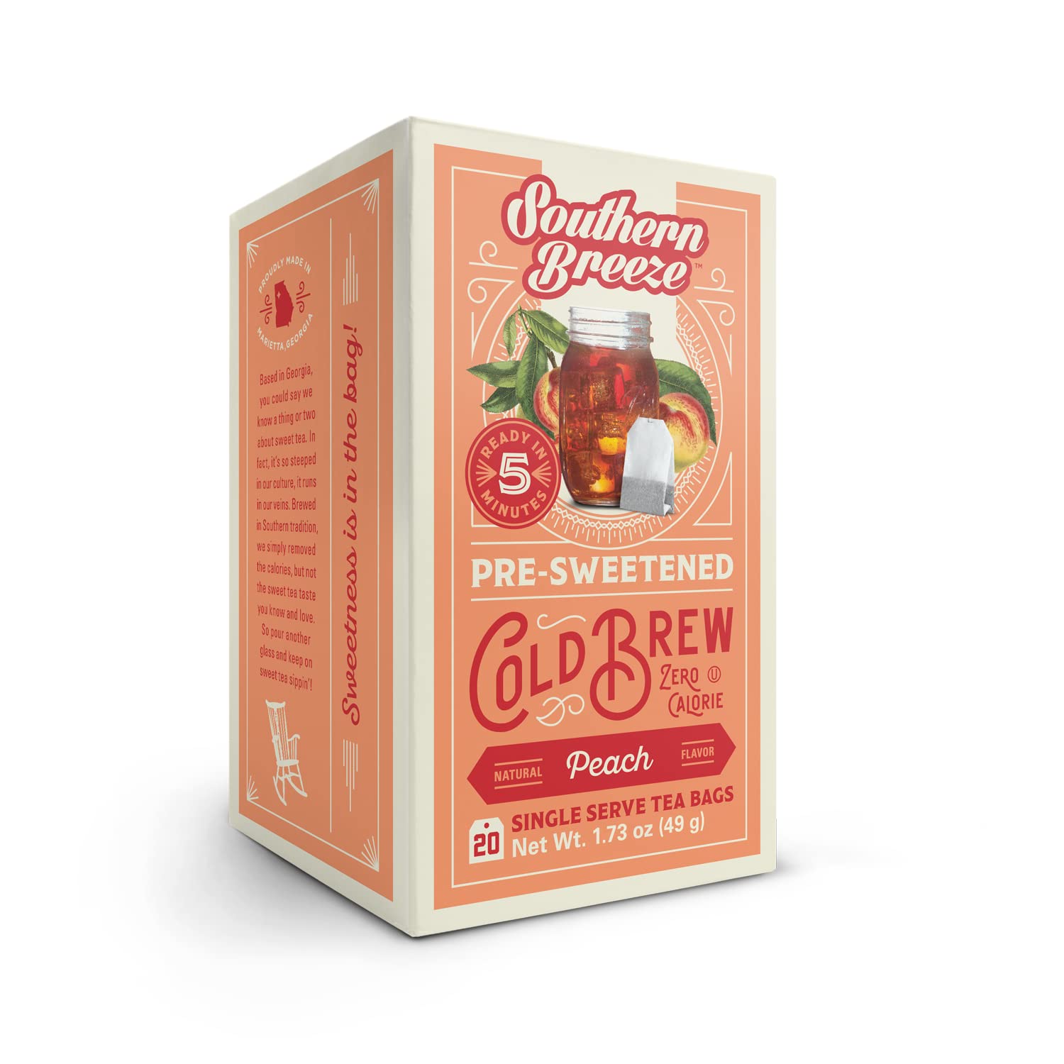Southern BreezeCold Brew Sweet Tea Peach Iced Tea with Black Tea and Zero Carbs Zero Sugar, 20 Individually Wrapped Tea Bags Southern Sweet Tea Iced Tea Beverage