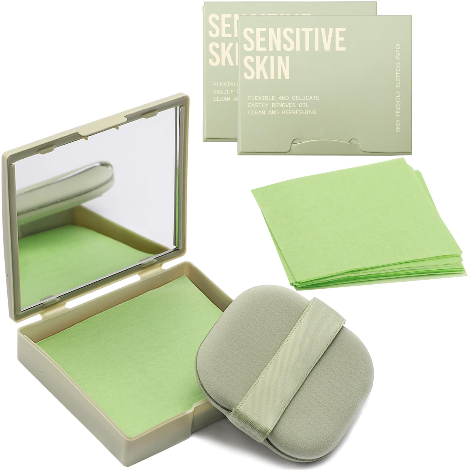 Jutqut Oil Blotting Sheets for Face with Mirror & Puff, 300 Sheets Oil Absorbing Sheets for Oily Skin, Natural Fiber Blotting Paper, Makeup Friendly
