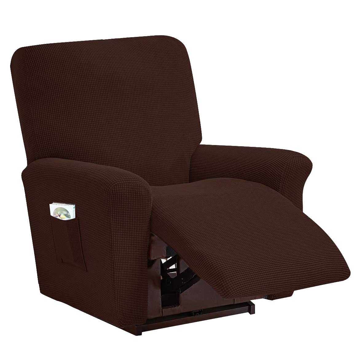 YOPOIY Stretch Recliner cover for 3 2 1 Seater, Jacquard Recliner Slipcover Soft Thick Small Checks Furniture Cover For Recliner Couch With Remote Pocket -Deep coffee-1 Seater(4-piece)