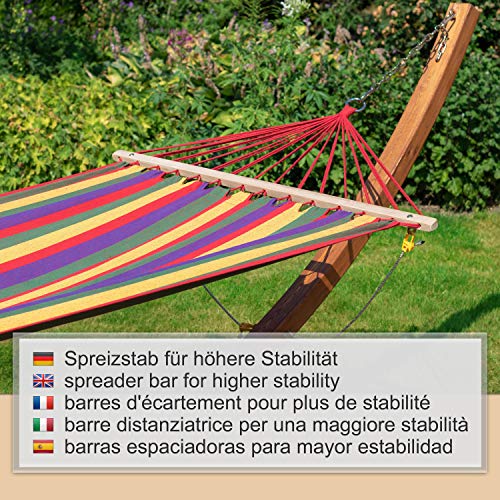Ampel 24 Hängematte im Set mit Sicherung und Holz Gestell Madagaskar 400 cm, Hängemattengestell braun wetterfest, Stabhängematte bunt gestreift - 3