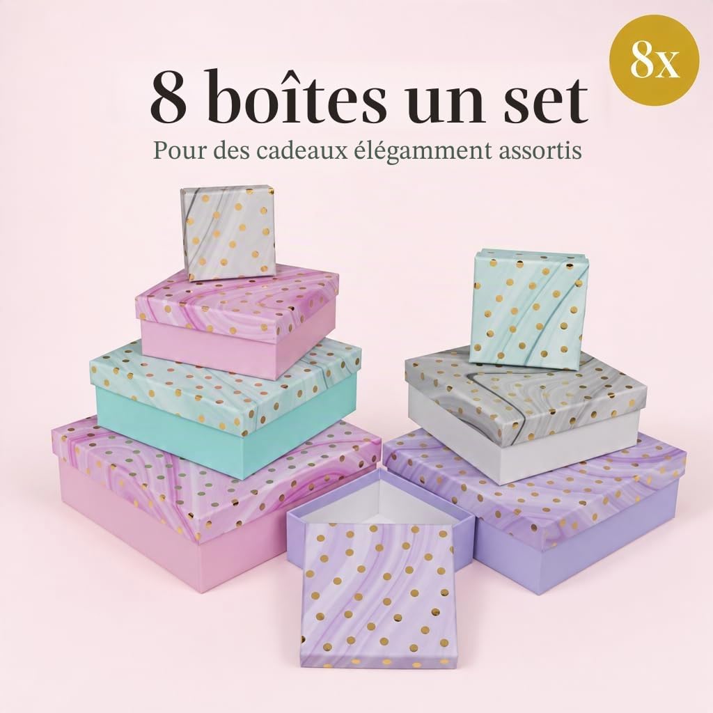 Lot de 8 boîtes cadeaux - Lot de 8 boîtes cadeaux - Pour Noël, anniversaire, mariage, environ 22,5 x 22,5 x 8 cm (multicolore avec pois dorés)