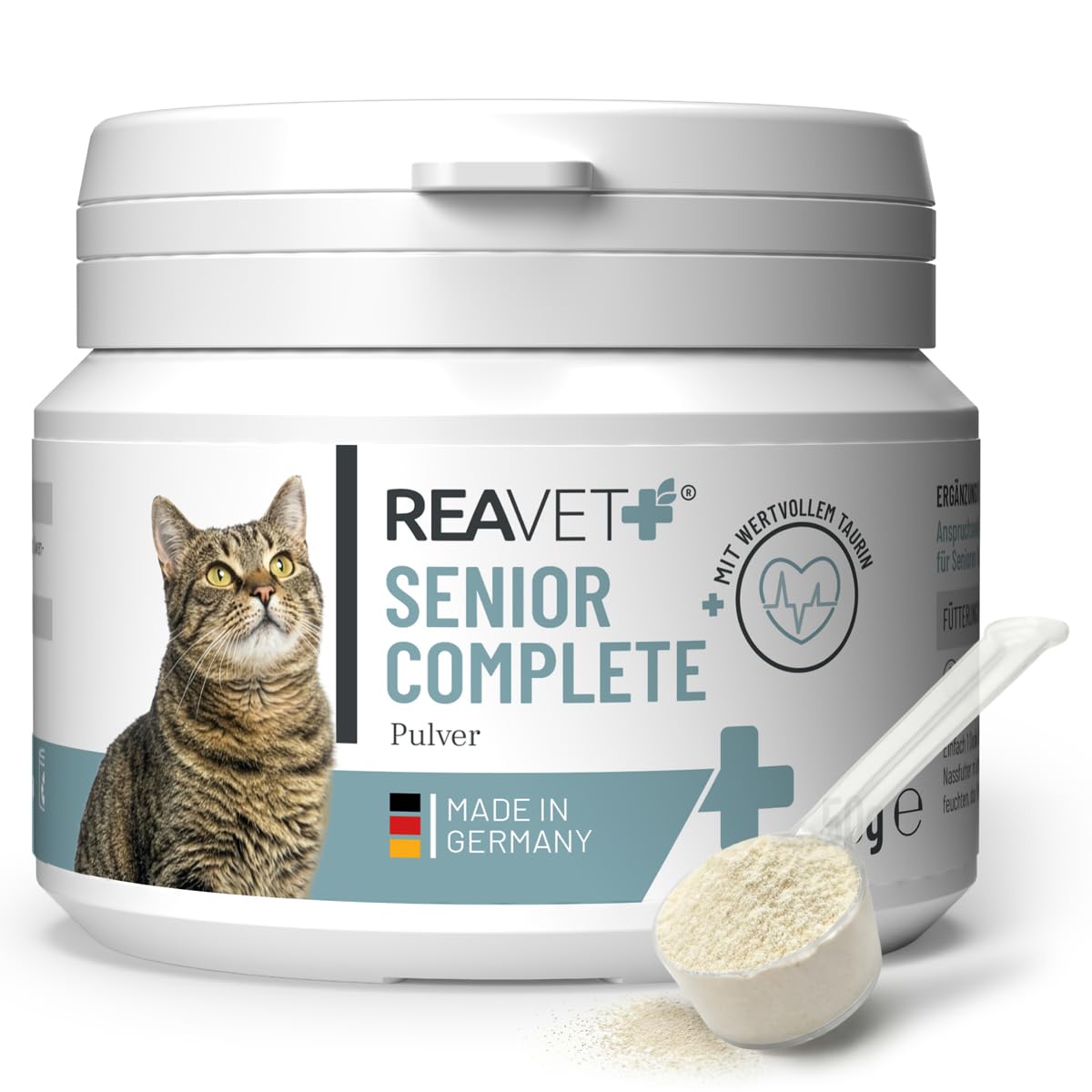 ReaVET Senior Complete Pulver für ältere Katzen – zur Unterstützung der Herzfunktion, Vitalität & Beweglichkeit I Ergänzungsfuttermittel für Seniorenkatzen – mit Taurin, Kollagen & Colostrum 50g