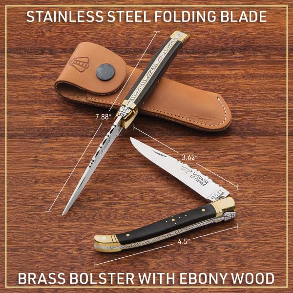 Kings County Tools Laguiole Le Fidele Pocket Knife for Men and Women - 7.9” Handmade Stainless Steel French Folding Knife with Ebony Wood Handle - Luxury Collector Knives