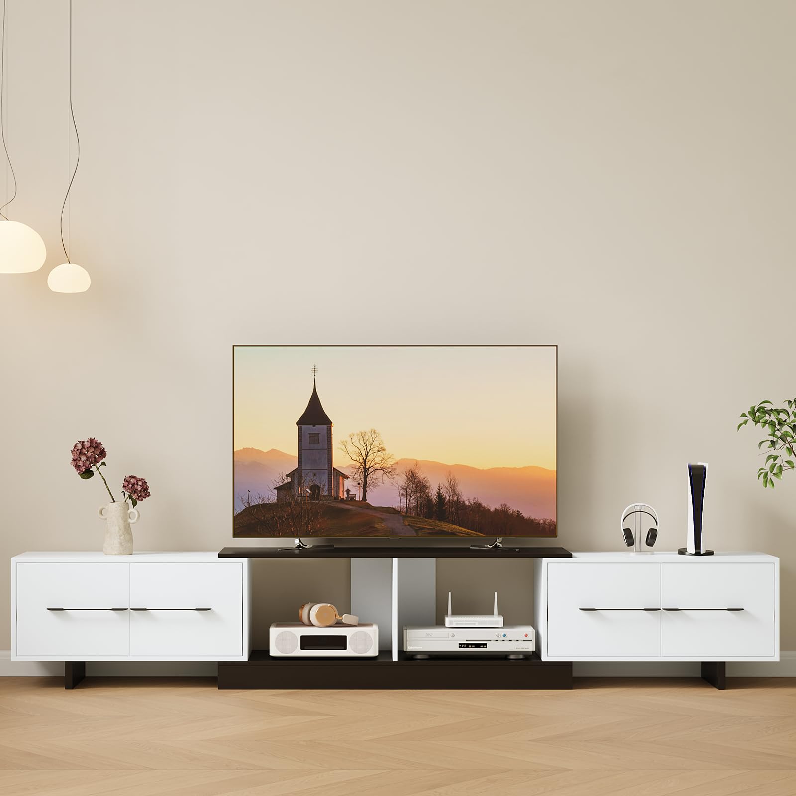 Ausziehbares TV Schrank 190-260cm，Holz TV Lowboard mit 4 Schubladen, für 120 Zoll Fernseher，Moderner TV Möbel für Wohnzimmer