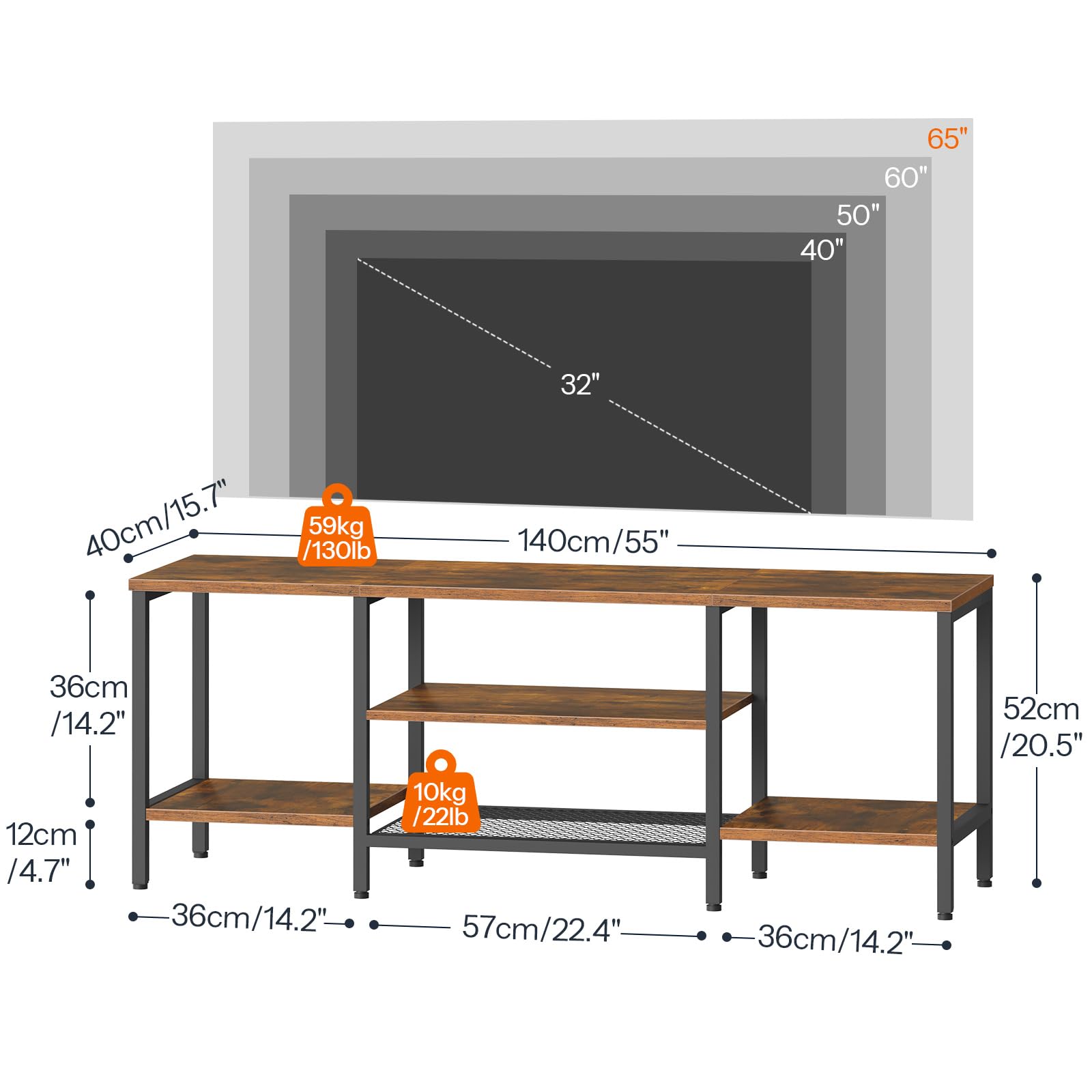HOOBRO Meuble TV Style Industriel, Console Multimédia à 3 Niveaux, Étagères Grillagées pour Téléviseur de 65 Pouces, Rangement Ouvert, pour Salon, Marron Rustique et Noir EBF58DS01