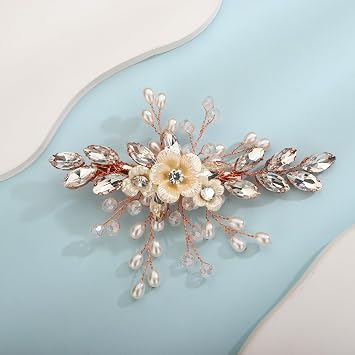 XDCR-TRVRose Gold Rhinestone Crystal Flower Hair Barrette Clip Boho Bridal Pearl Hair Jewelry Accessories Women Wedding Floral HeadpieceRose Gold