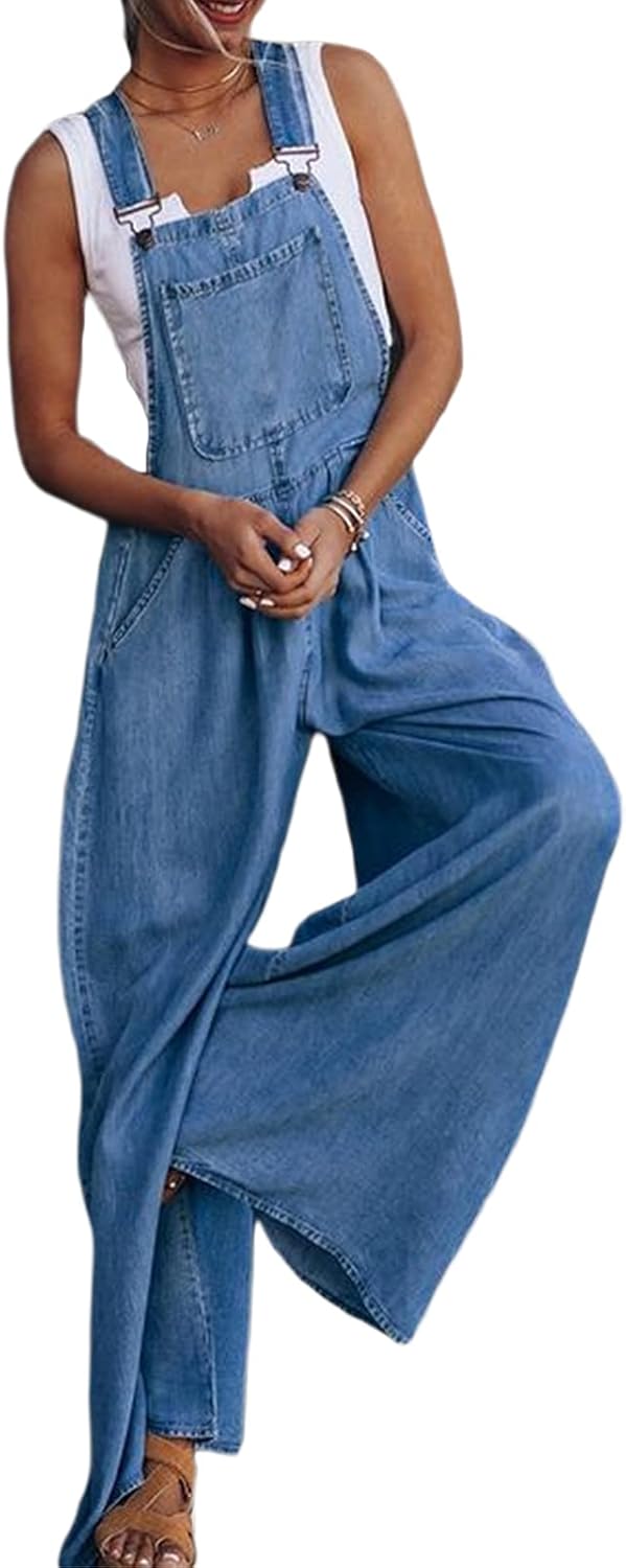 ICNGLKSND Women 's Casual Loose Denim Bib Overalls Wide Leg Jeans Pants Jumpsuits Sleeveless Baggy Overall Summer