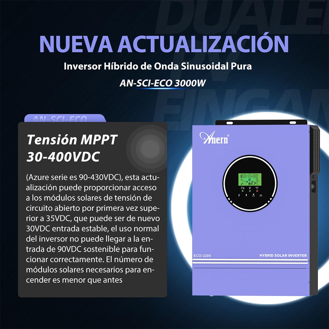 Anern 3000W Onduleur Hybride Solaire 24VDC à 230VAC Hors Réseau Chargeur Solaire MPPT 80A Intégré Tension D'entrée PV Max. 400V Fonctionne avec des Batteries au Plomb et au Lithium
